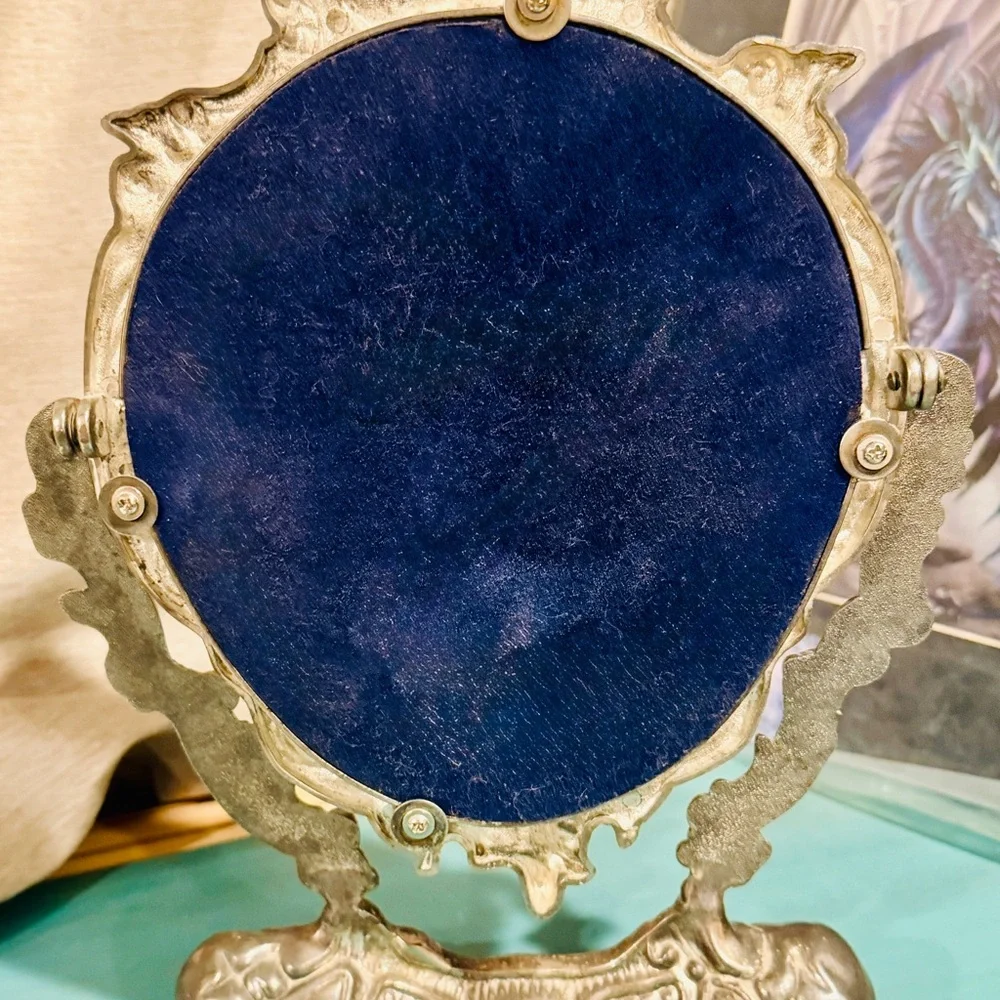 Vintage Ornate Tilting Vanity Mirror Cherub Rococo Silver Tone